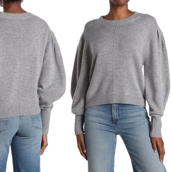 Something Navy Gray Minnie Puff Bishop Sleeve Cashmere Wool Sweater Size Small - Picture 13 of 13